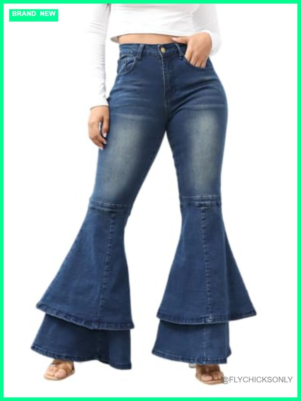 Bell Bottom Jeans Stretch Ruffle Layered Flared Bootcut Denim Pants